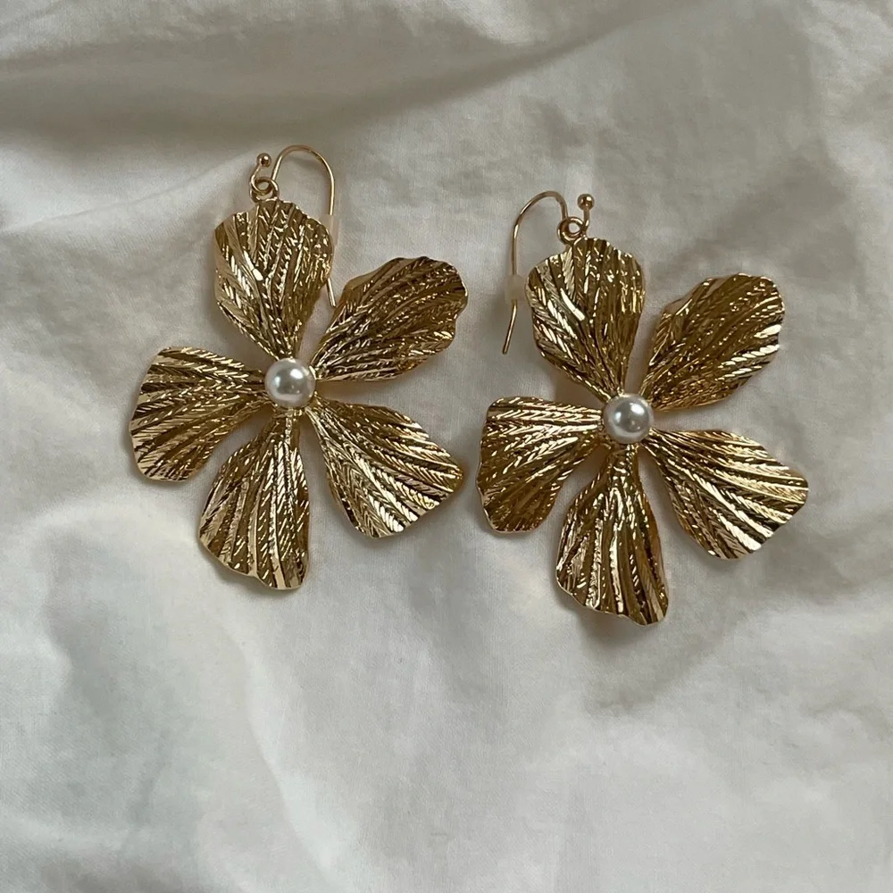 Goldtone Floral Faux Pearl Earrings | Classic Elegance Quiet Luxury - Picture 8 of 15